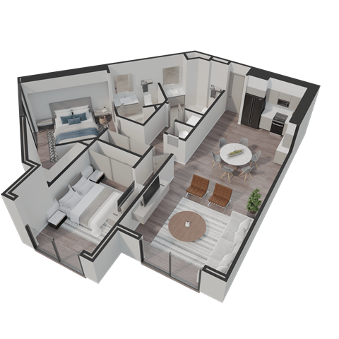 A 3D rendered image of a modern house interior.